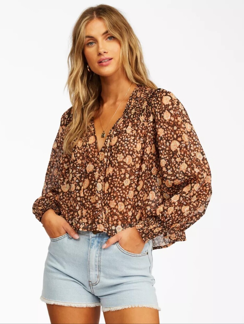 Billabong Late Night Crop Woven Top Boho Floral Smocked Cuffs & Yoke, Oversized